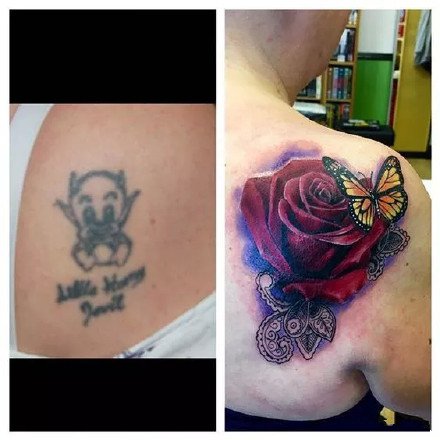 用玫瑰花做的修改遮盖纹身图案前后对比图