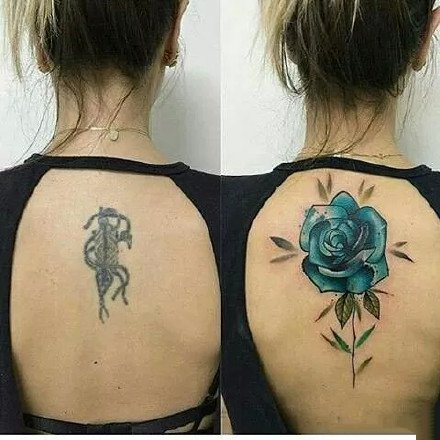 用玫瑰花做的修改遮盖纹身图案前后对比图