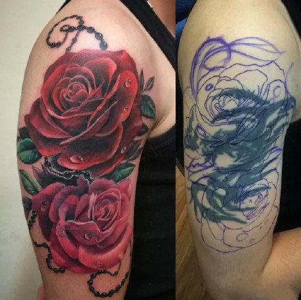 用玫瑰花做的修改遮盖纹身图案前后对比图