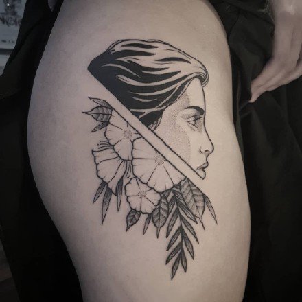 黑灰色半人脸半骷髅的一组个性半脸纹身图案9张