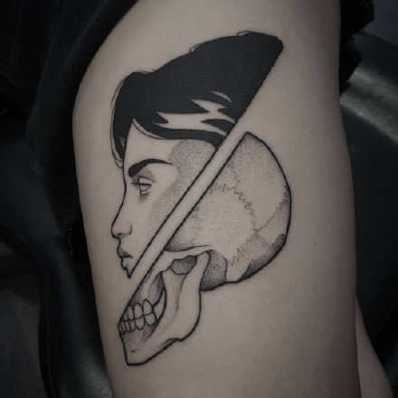 黑灰色半人脸半骷髅的一组个性半脸纹身图案9张