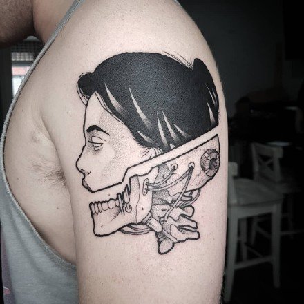 黑灰色半人脸半骷髅的一组个性半脸纹身图案9张