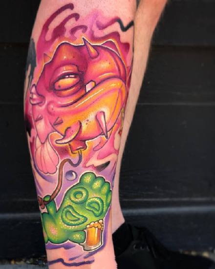 彩色的一组school风格的怪异卡通重彩色纹身图案