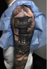 9张和风亭子古塔建筑的纹身图案作品