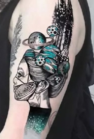 大臂和大腿精致的一组点刺线条纹身图案欣赏