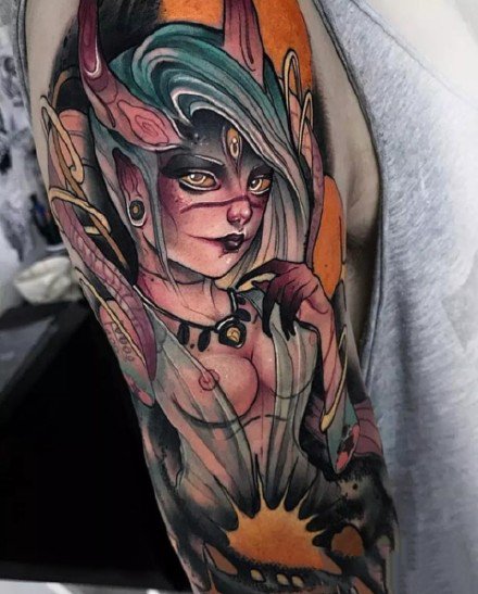 混合动漫与school元素的彩色纹身图案欣赏