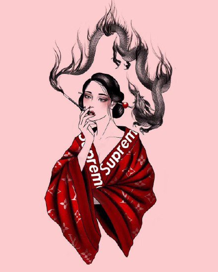 深红色调的一组个性女郎等纹身手稿图案