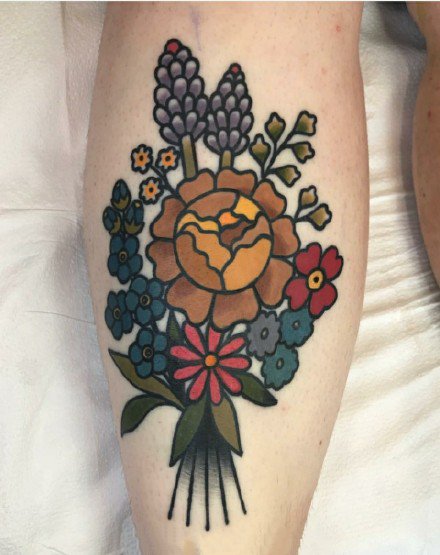 school风格的一组彩色花卉纹身图案9张
