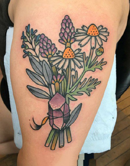 school风格的一组彩色花卉纹身图案9张