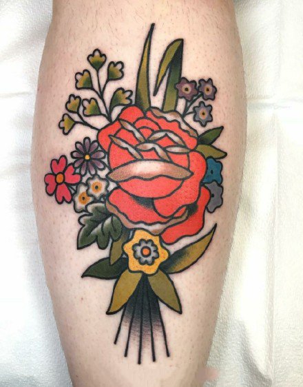 school风格的一组彩色花卉纹身图案9张