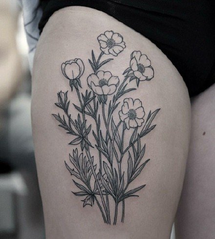 手臂和大腿上适合的大幅点刺黑灰花卉纹身图案欣赏