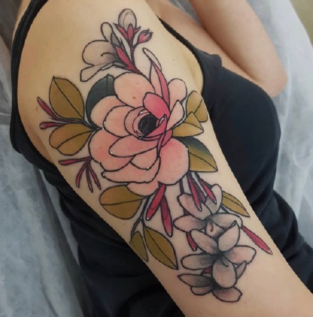 暗色彩的一组newschool花卉植物纹身图案