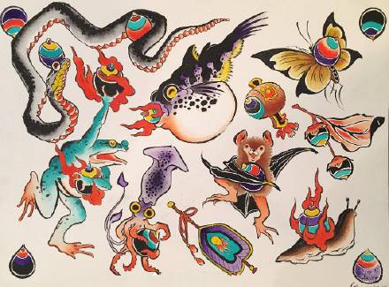 日式小图手稿：25张传统风格的彩色小日式纹身手稿图案