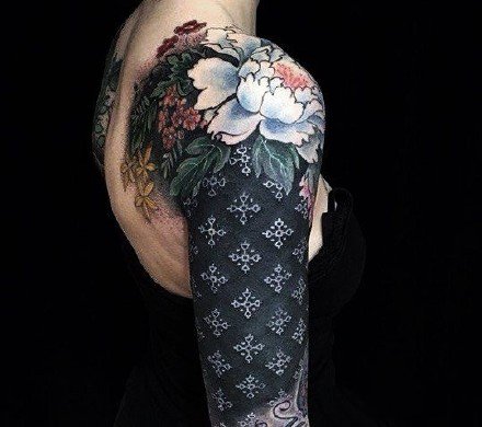 传统的一组霸气花卉大花臂纹身图案欣赏