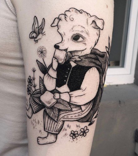 可爱的一组黑灰童趣动物单线纹身作品图案