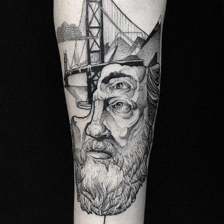 手臂黑灰点刺纹身：黑灰点刺风格的9张手臂纹身图案