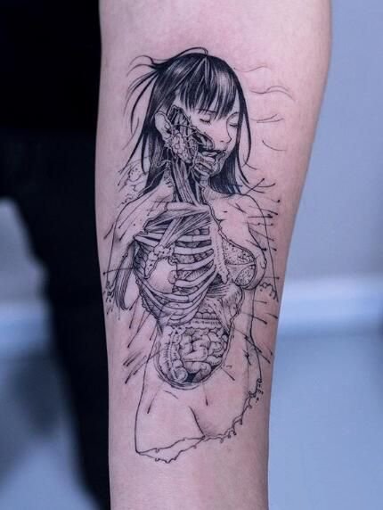 半骷髅风格等的创意女郎纹身作品图案9张