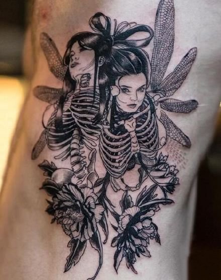 半骷髅风格等的创意女郎纹身作品图案9张