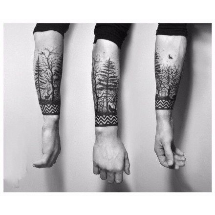 环绕在手臂上的森林树木等臂环手环纹身图案