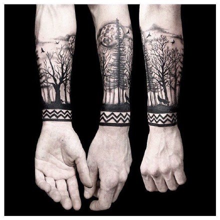 环绕在手臂上的森林树木等臂环手环纹身图案