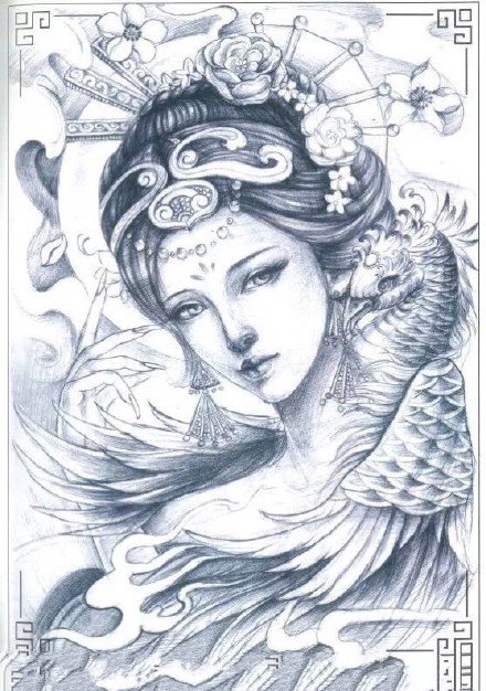 个性好看的一组艺伎纹身手稿图案9张