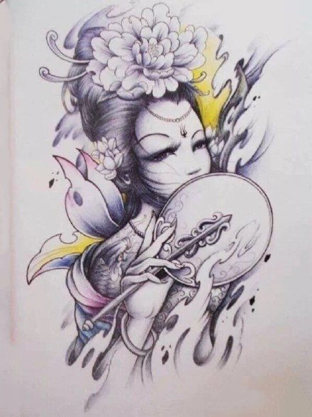 个性好看的一组艺伎纹身手稿图案9张