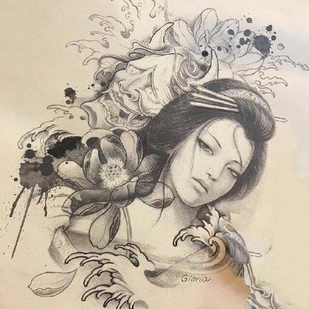 个性好看的一组艺伎纹身手稿图案9张