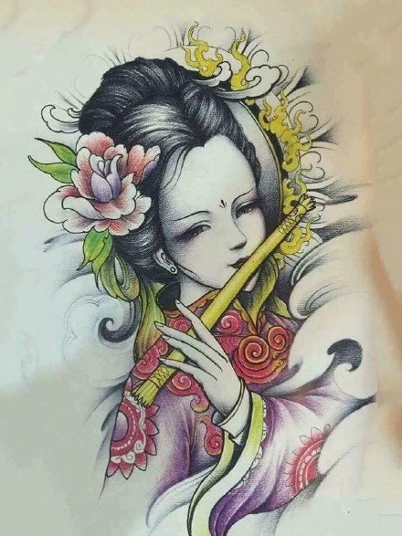 个性好看的一组艺伎纹身手稿图案9张