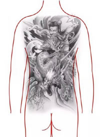 老传统传说人物的满背纹身手稿效果图