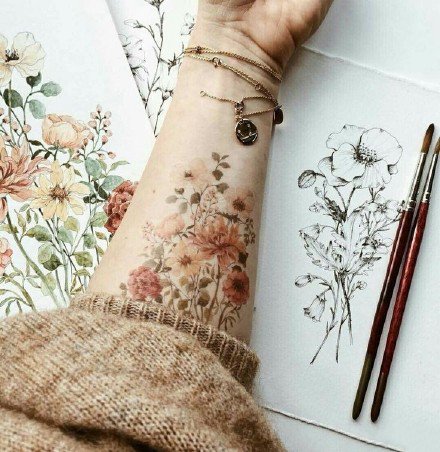 适合小臂和小腿唯美小清新的花朵纹身图案