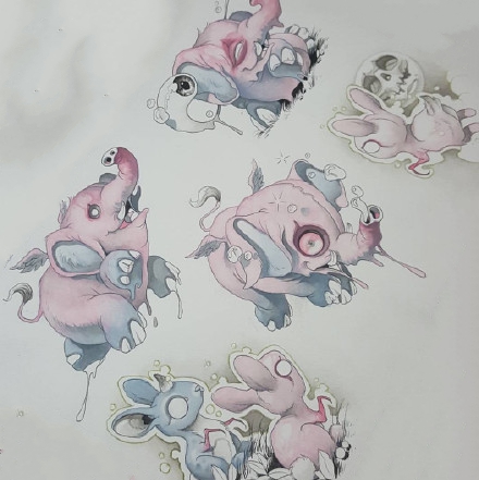 画风独特的一组卡通怪异小动物纹身手稿