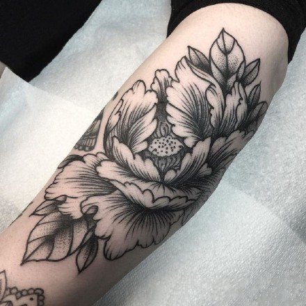 纹在手臂胳膊上的黑灰素花花卉纹身图案欣赏