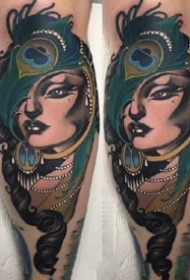 蓝灰色调的一组new school欧美女郎纹身作品