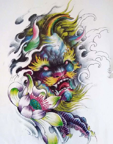 一组传统风格的彩色纹身手稿图案