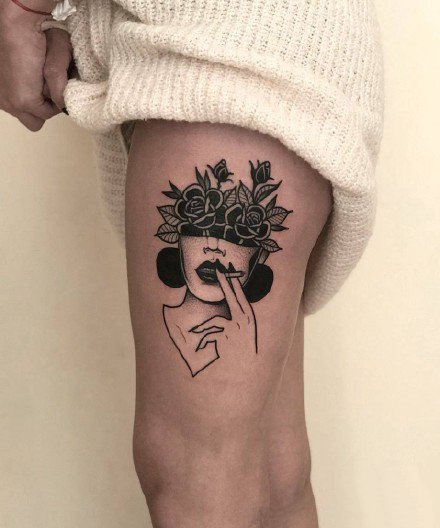 黑灰女郎+点刺风格的一组女郎黑灰纹身图案