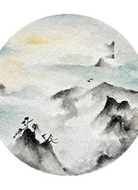 一组圆图形中的水墨山水画纹身手稿