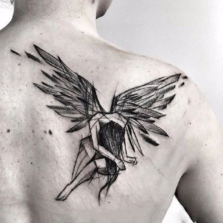 带双羽翼的一组黑灰天使纹身图案