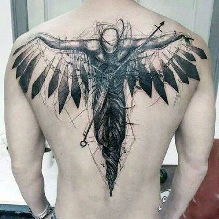 带双羽翼的一组黑灰天使纹身图案