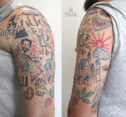 纹在手臂上的卡通涂鸦插画风格纹身图