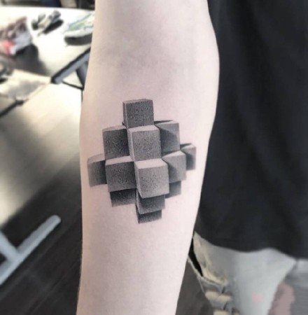 几何立体风格的3d写实点刺纹身图案