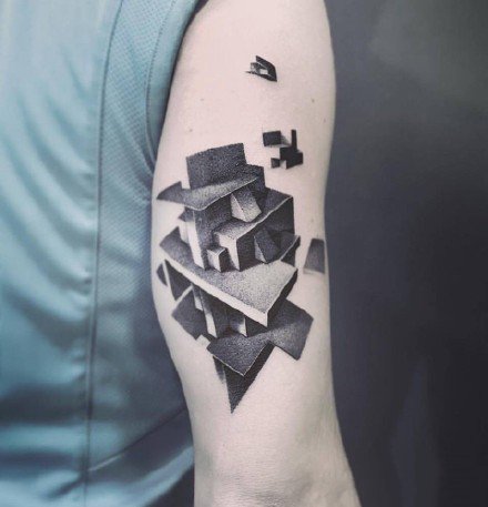 几何立体风格的3d写实点刺纹身图案