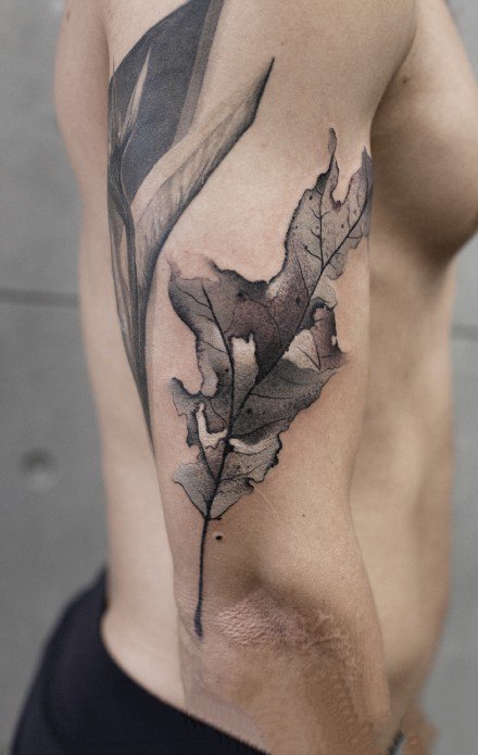 水墨风格的一组花花草草的植物纹身图案