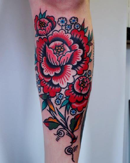 牡丹花：复古oldschool风格的牡丹花纹身图案9张