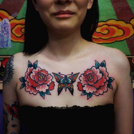 牡丹花：复古oldschool风格的牡丹花纹身图案9张