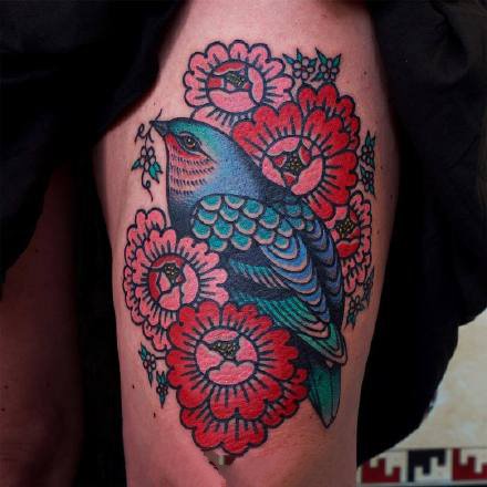 牡丹花：复古oldschool风格的牡丹花纹身图案9张