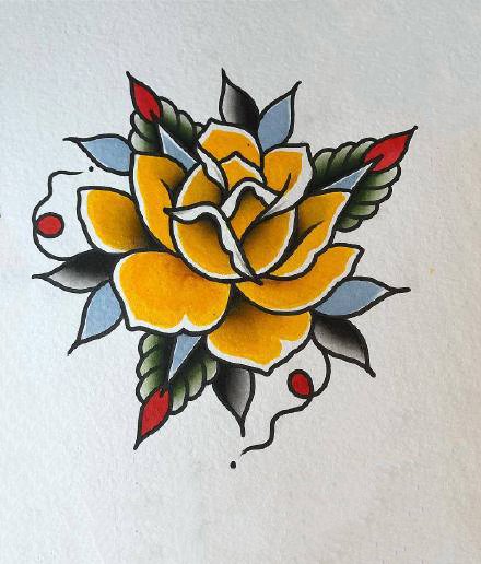 一组oldschool风格的花朵纹身图案手稿