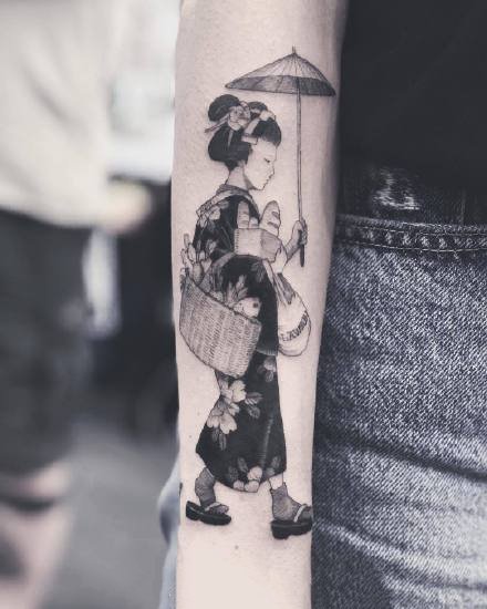 黑灰色调的一组日本艺伎纹身图案