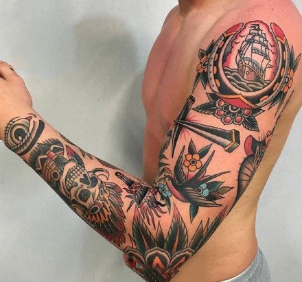 9张彩色old school的大花臂纹身赏析