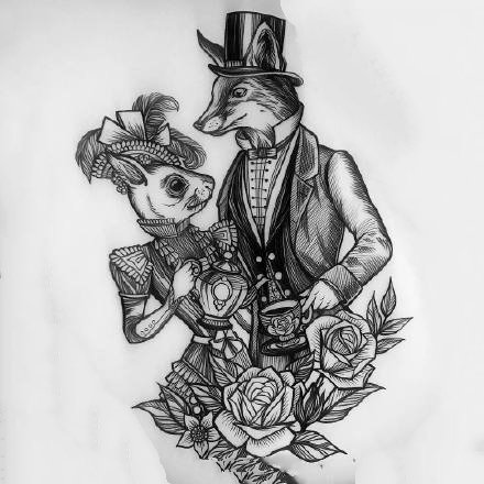 一组创意狐狸的水彩等纹身图案