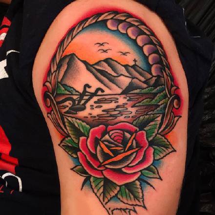 红色old school风格的一组帆船纹身图案